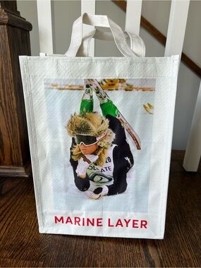 Marine Layer White Tote Bag with Ski Graphic and Red Logo